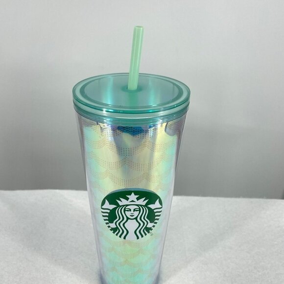 Starbucks Cold Tumbler Iridescent Blue Green Geometric Scales 24oz Acrylic - Picture 2 of 5